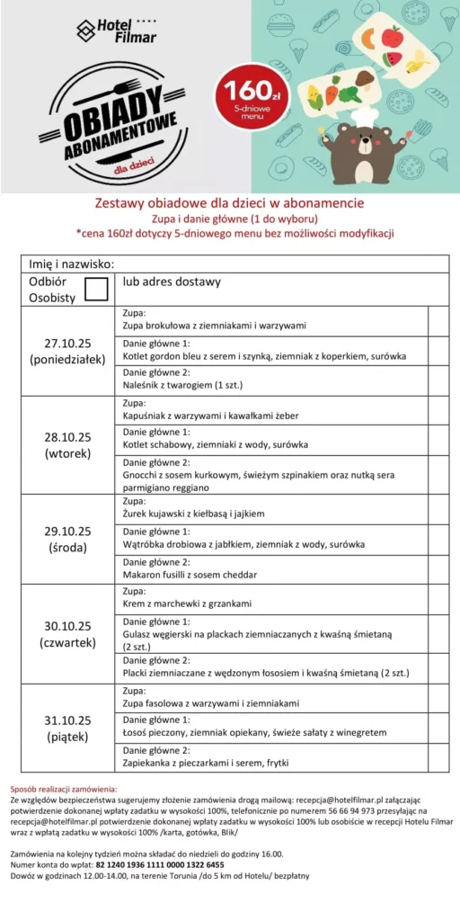 Zestawy obiadowe dla dzieci w abonamencie - 27-31.10.25