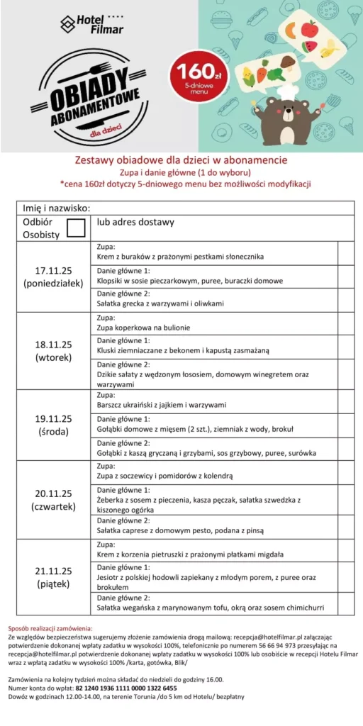 Zestawy obiadowe dla dzieci w abonamencie - 17-21.11.25