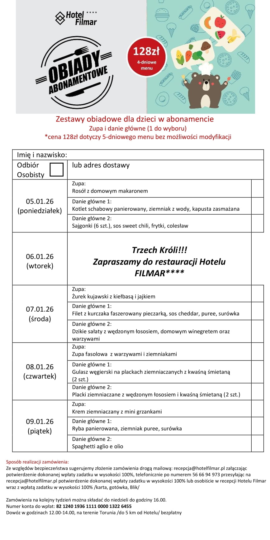 Zestawy obiadowe dla dzieci w abonamencie - 05-09.01.26