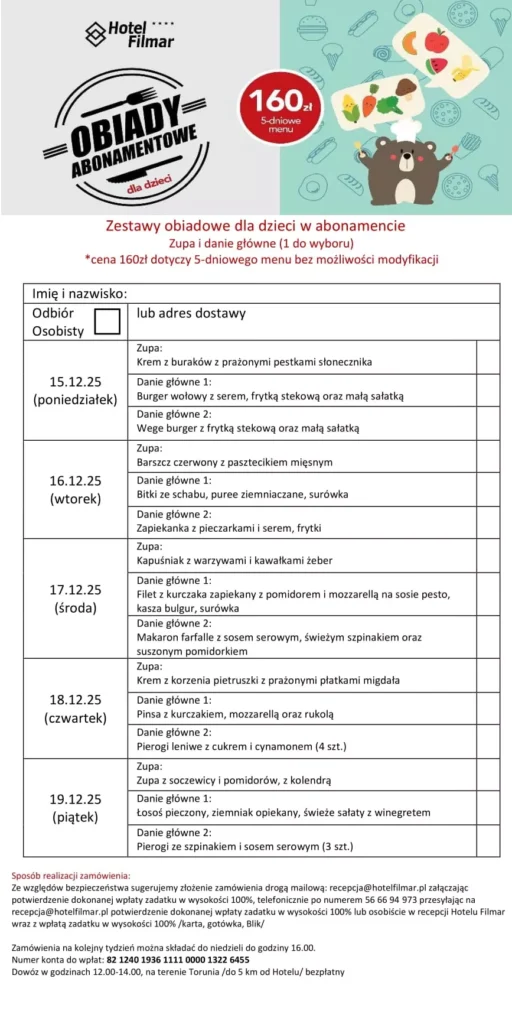 Zestawy obiadowe dla dzieci w abonamencie - 15-19.12.25