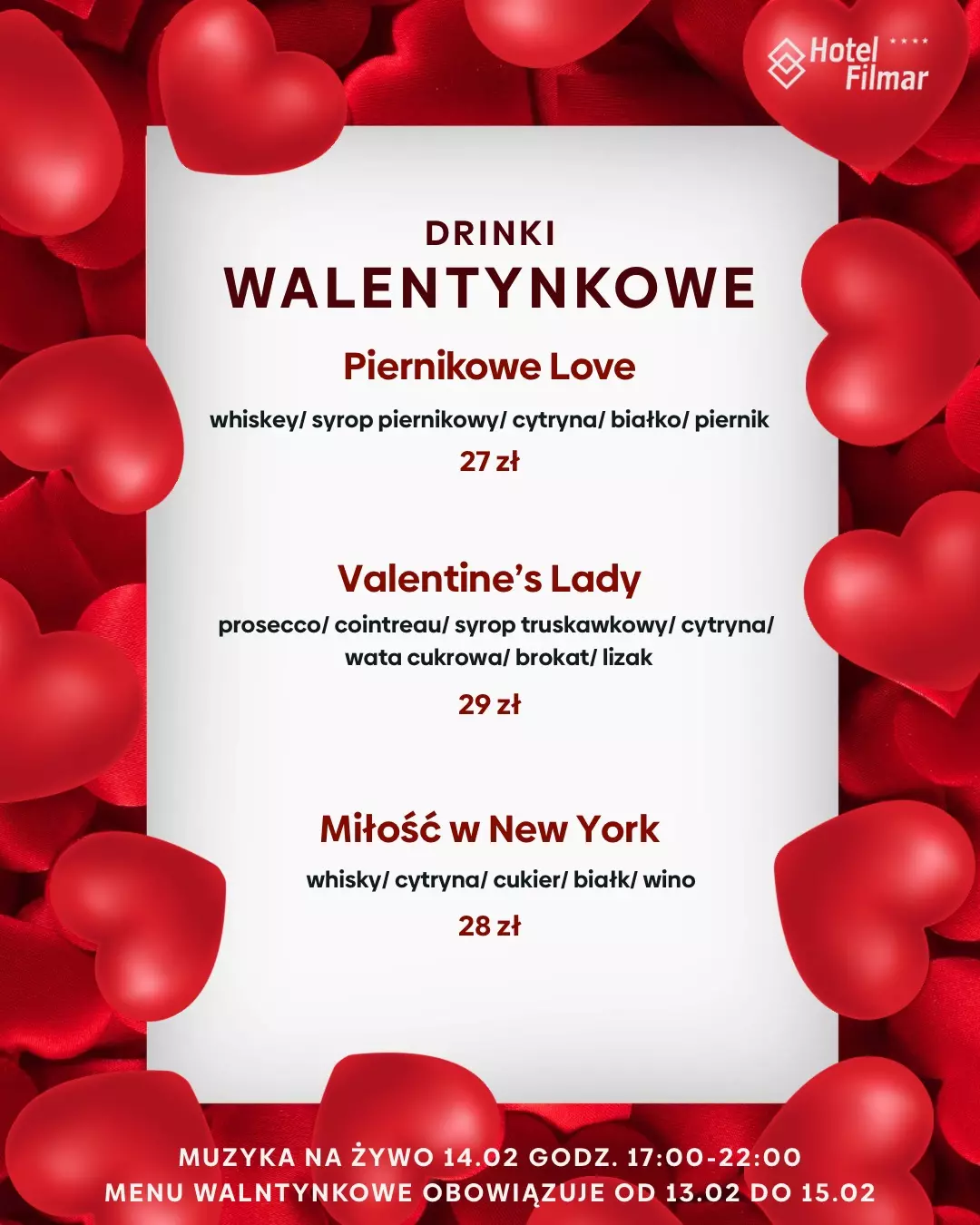 Kolacja walentynkowa - drinki - oferta