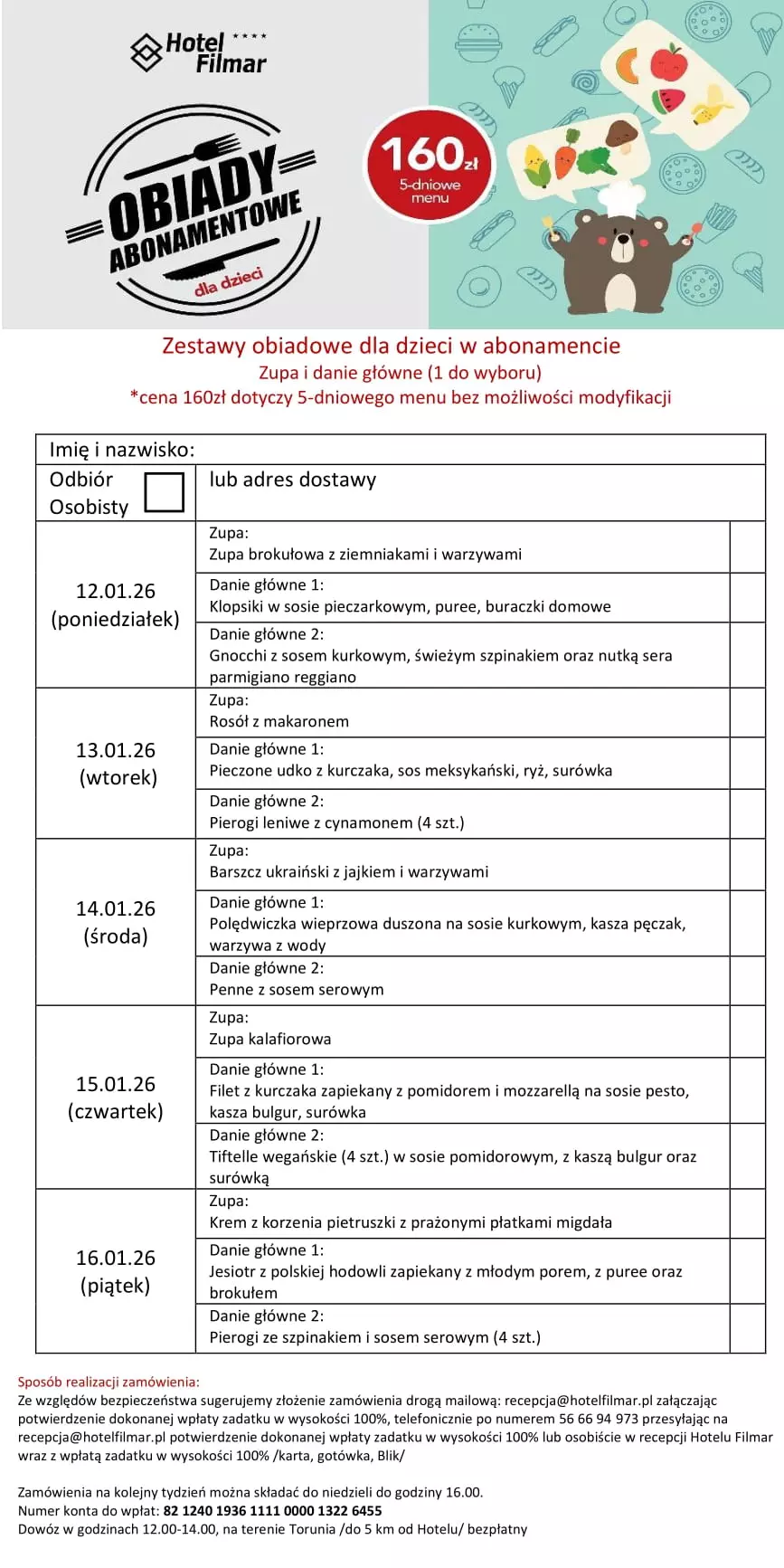 Zestawy obiadowe dla dzieci w abonamencie - 12-16.01.26