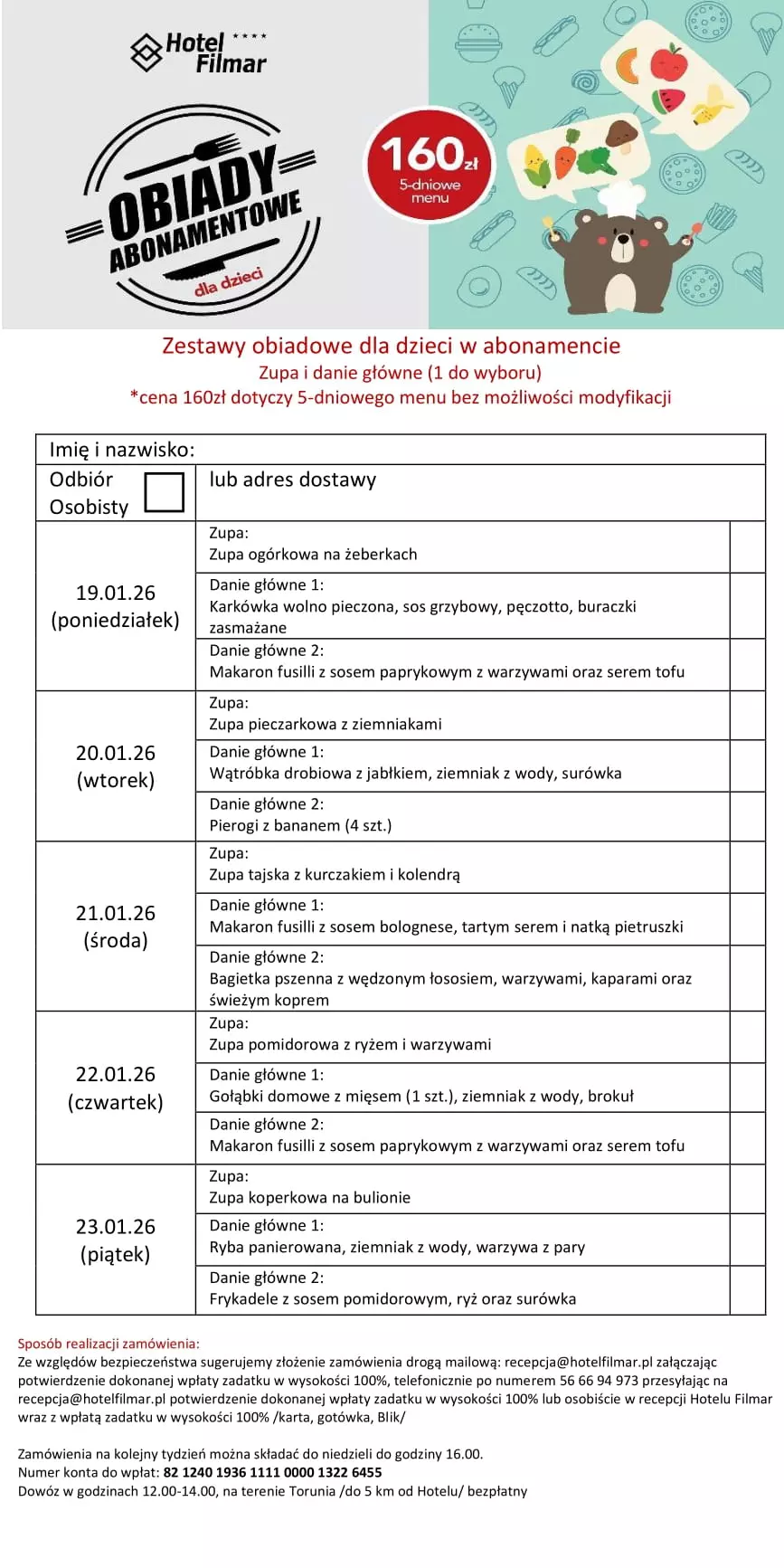 Zestawy obiadowe dla dzieci w abonamencie - 19-23.01.26