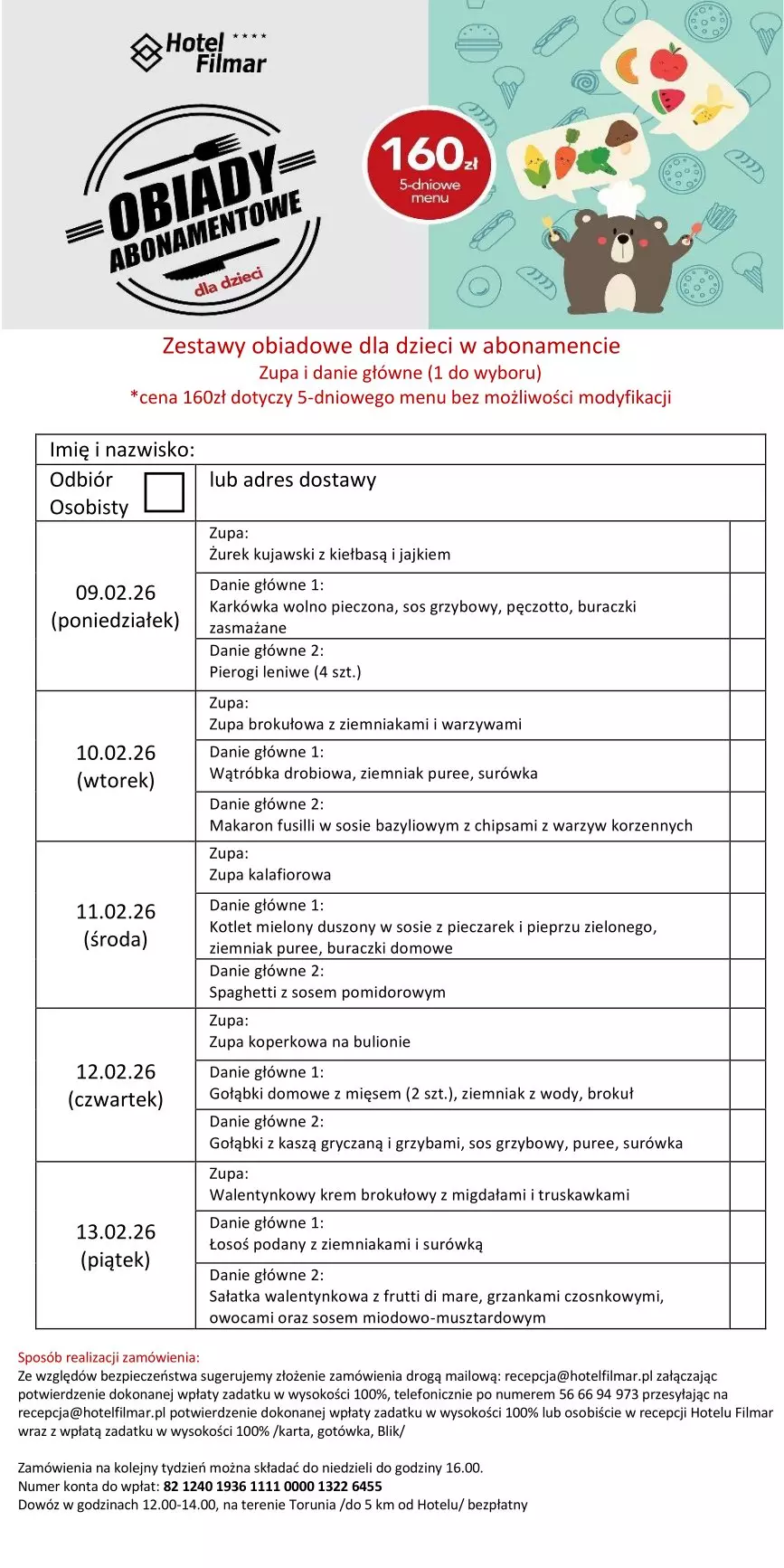 Zestawy obiadowe dla dzieci w abonamencie - 09-13.02.26