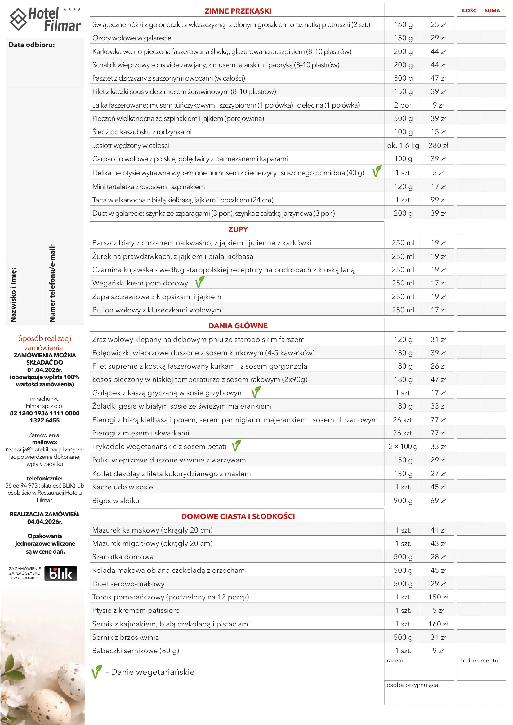 Oferta wielkanocna - menu