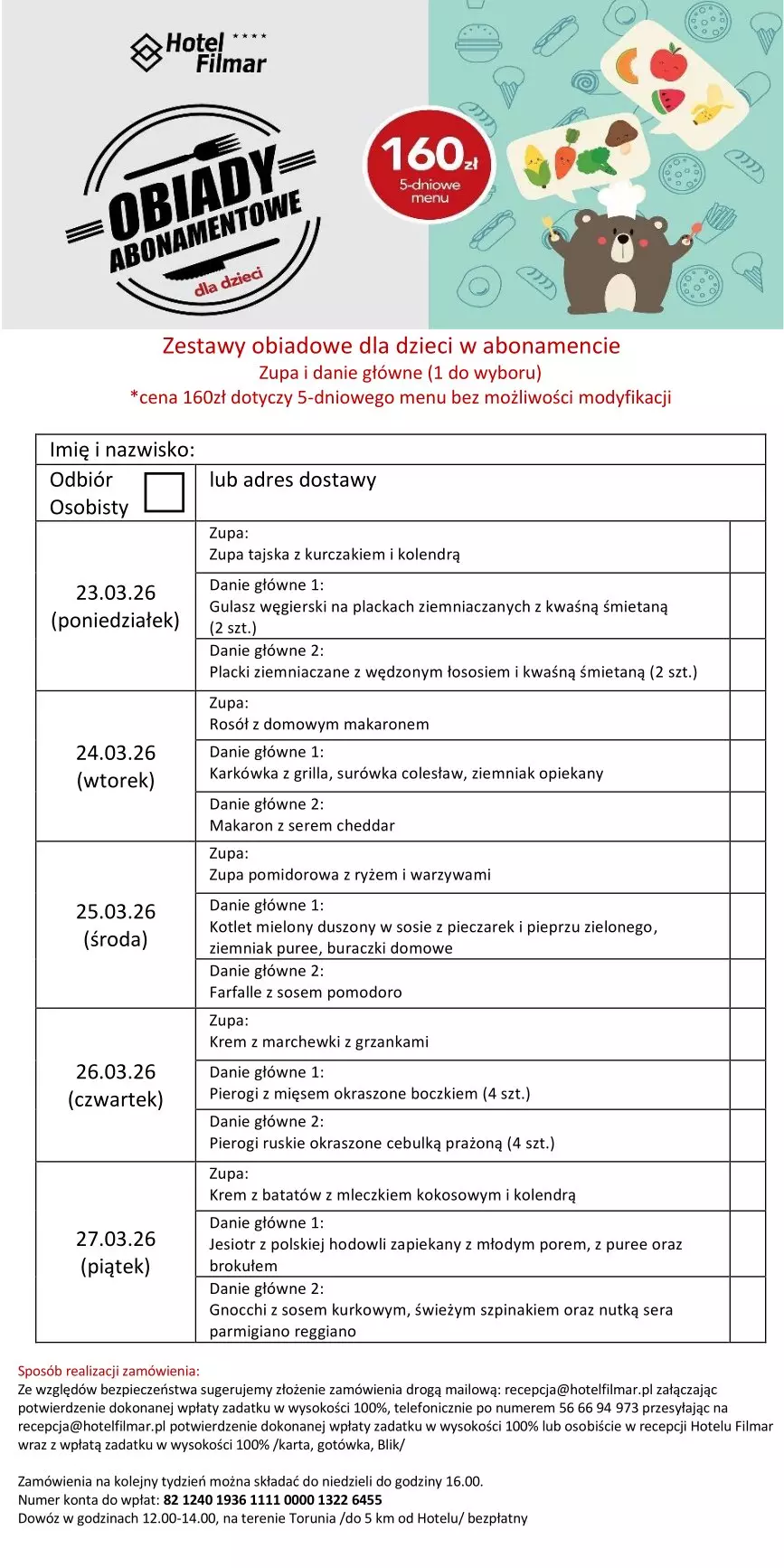 Zestawy obiadowe dla dzieci w abonamencie - 23-27.03.26