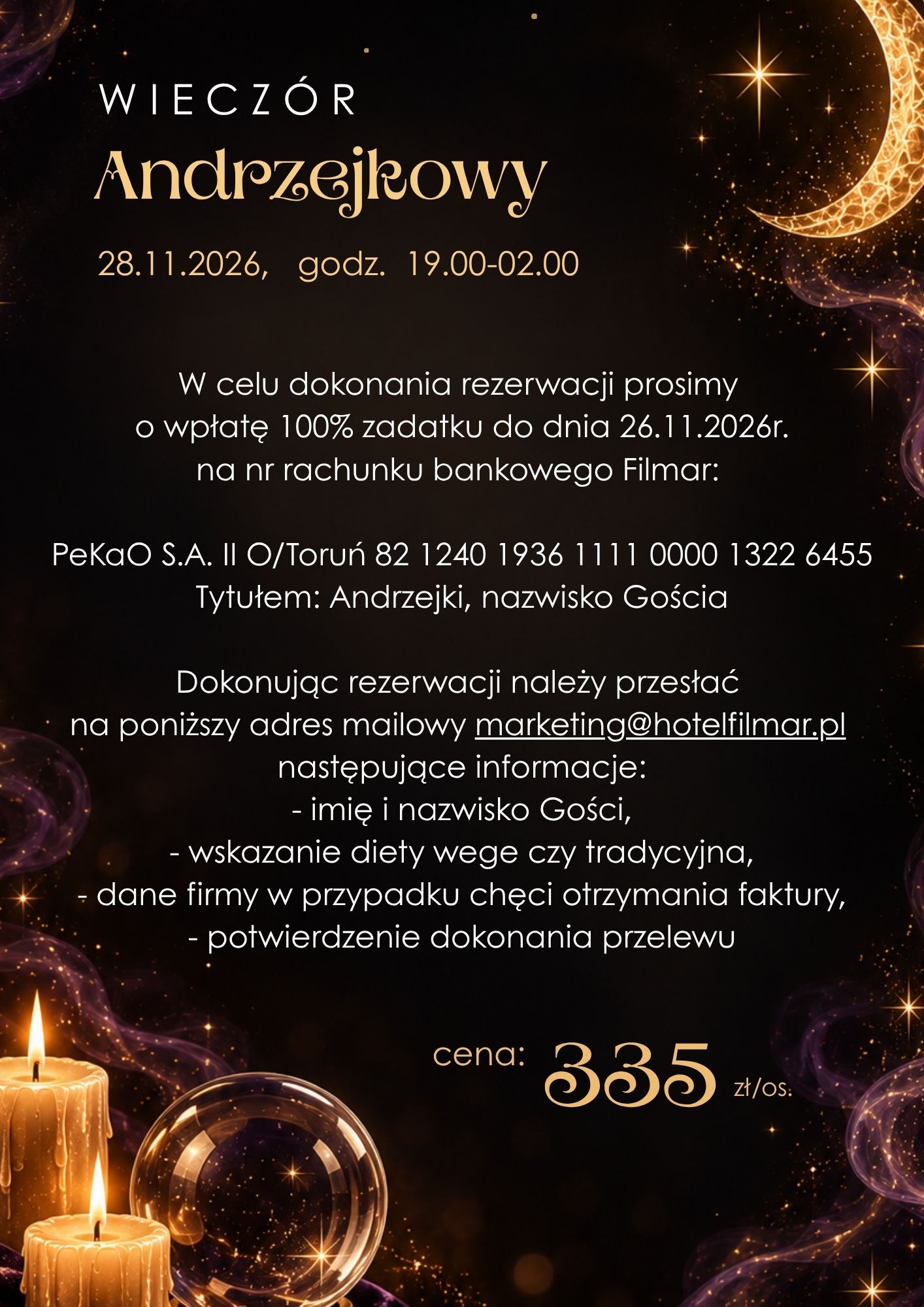 Wieczór Andrzejkowy - 28/11/2026 w Hotelu Filmar - ważne informacje